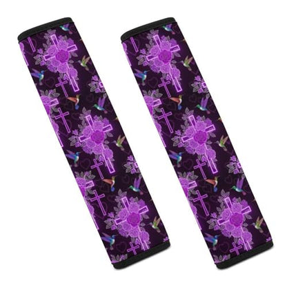1 Pair Universal Fit Seat Belt Cover for Elderly Support, Most Cars, Hummingbird Faith Catholic Purple Christian Religious Cross Seat Belt Cushion, Neck and Shoulder Support - color: Pattern 626