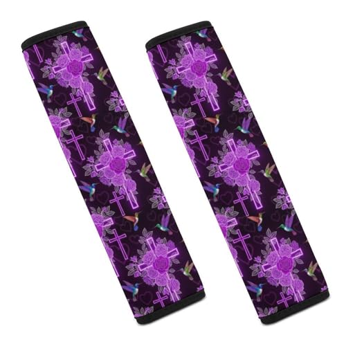 1 Pair Universal Fit Seat Belt Cover for Elderly Support, Most Cars, Hummingbird Faith Catholic Purple Christian Religious Cross Seat Belt Cushion, Neck and Shoulder Support - color: Pattern 626