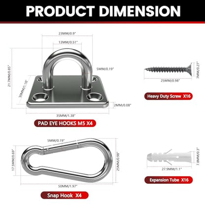 sprookber 304 Stainless Steel Pad Eye Snap Hooks, M5 Heavy Duty Ceiling Hooks, 500 lb Capacity Hammock Swing Hanging kit, Plant Hangers, Marine Hardware Staple Hook Loop with Screws, Set of 8 - size: 2 Inch, style: Square