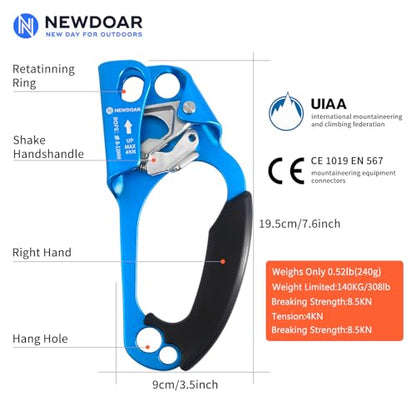 NewDoar UIAA & CE Certified Hand Ascender Rock Climbing Tree Arborist Rappelling Gear Equipment Rope Clamp for 8~13MM Rope - color: Blue Set-Right