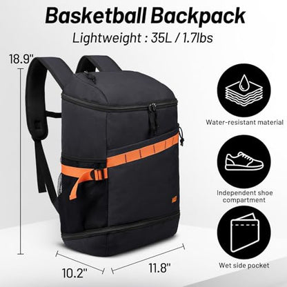 MIER Men's Gym Backpack Lightweight Sports Bag with Shoe Compartment | 35L Capacity Back Pack, Multi-Pockets, Separate Compartment, Wet Pocket, Water Resistant, For Training, Workout & Travel - color: Black