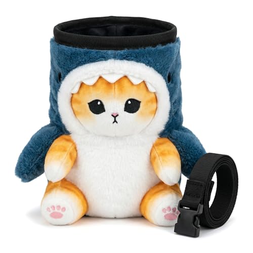 Cat Rock Climbing Chalk Bag, Fun Plush Animal Chalk Pouch with Drawstring, Adjustable Waist Belt for Indoor Outdoor Bouldering Sport Climbing - style: Large Yelllw Shark Cat