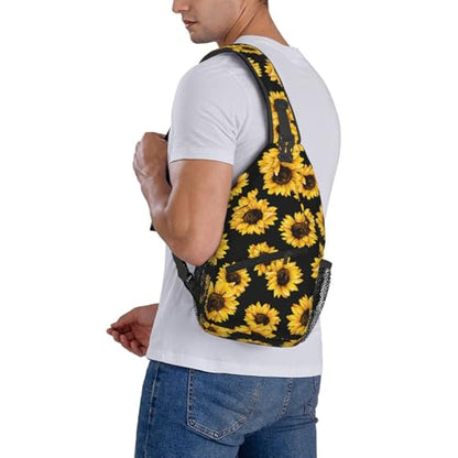 Sunflower Crossbody Sling Bag for Women Men Cute Yellow Flowers on Black Background Travel Sling Backpack Casual Chest Shoulder Bag Lovely Summer Floral Print Gym Sports Hiking Daypack - color: Yellow Black