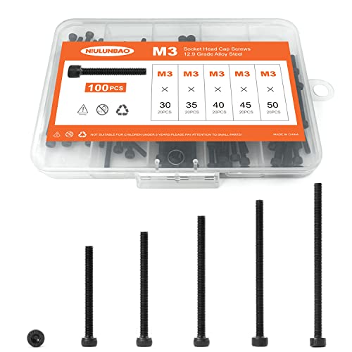 M3 x 30mm 35mm 40mm 45mm 50mm Hex Socket Head Cap Screws Bolts, 12.9 Grade Alloy Steel, Black Oxide Finish, Metric Allen Hex Drive, Machine Fully Threaded, Assortment Kit 100PCS - size: M3 x 30/35/40/45/50mm (100PCS)