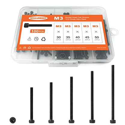 M3 x 30mm 35mm 40mm 45mm 50mm Hex Socket Head Cap Screws Bolts, 12.9 Grade Alloy Steel, Black Oxide Finish, Metric Allen Hex Drive, Machine Fully Threaded, Assortment Kit 100PCS - size: M3 x 30/35/40/45/50mm (100PCS)