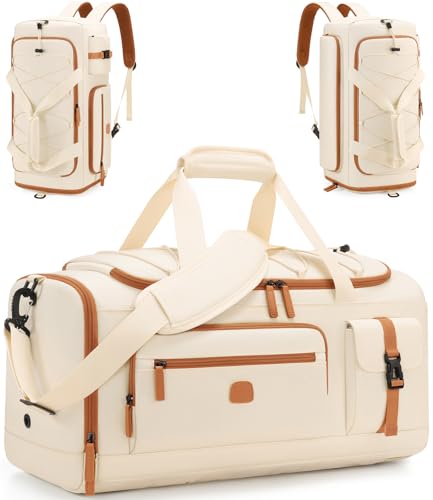 Gym Bag for Men and Women with Shoe & Laptop Compartment Sport Duffle Bag | 3-in-1 Anti-Theft Carry On Backpack Duffel Bag for Airplane, Workout, Overnight, Travel, Weekender, 35L - color: Beige