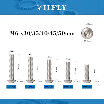 M6-1.0 Button Head Socket Cap Bolts Screws - 30/35/40/45/50mm Length Kit, 304 Stainless Steel(A2-70), Allen Drive, Bright Finish, Fully Threaded, 50-Piece Set - size: 304-Button-M6-30-50mm