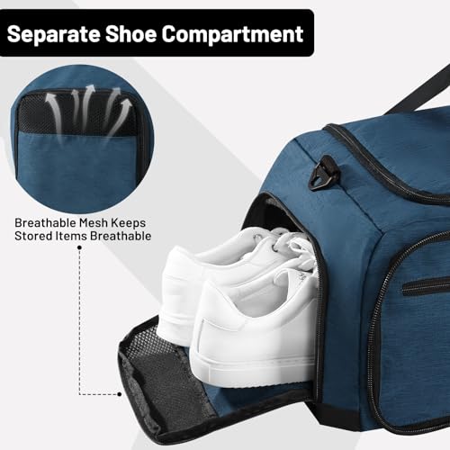MIER Packable Travel Duffle Bag with Shoe Compartment, 50L, Drak Blue | Foldable Weekender Duffel; Multi-Pockets; Adjustable Shoulder Strap; Luggage Sleeve; Travel, Sports, Camping, Gym - color: Drak Blue, size: 50L