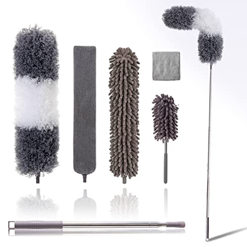 Microfiber Duster Kit for High Ceiling (6pcs), Extendable Dusters for Cleaning with 100" Extension Pole, Long Feather Duster for Fan/Car, House Cleaning Tool Kit by OOSOFITT - color: Grey & White, size: Microfiber Duster 6 Kit