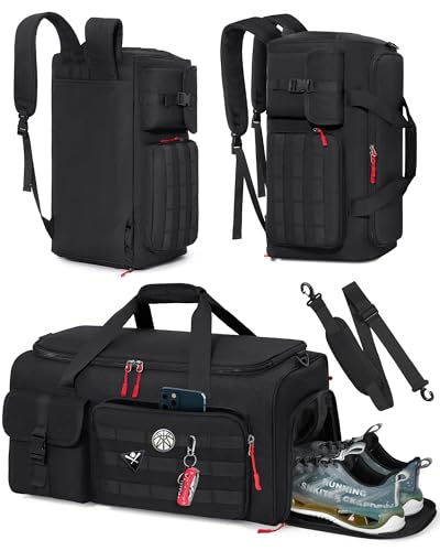 RAINSMORE Gym Bag for Men, 45L Sports Travel Duffel Bag with Shoe & Laptop Compartment, Gym Workout Backpack Carry On Weekender Bag Overnight Backpack for Travel, Black - color: Black