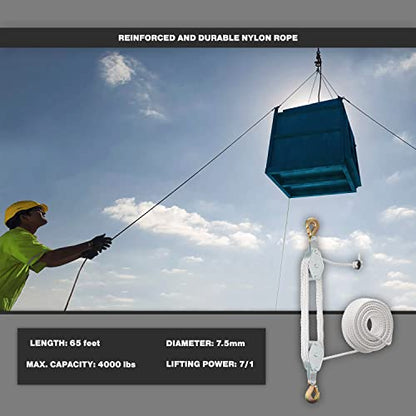 Block and Tackle Pulley System for Lifting Objects - SoB 4000LB Breaking Strength with 65 Feet of 3/8" Rope - 7:1 Lifting Power - Heavy Duty Rope Hoist Pulley System for Garage Warehouse Construction
