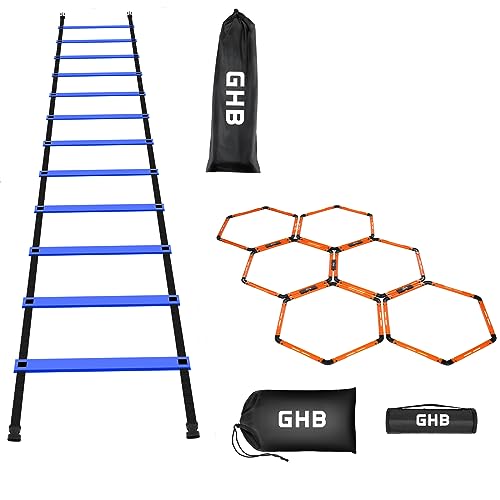 GHB Agility Ladder 1 Pack and Hex Agility Rings 1 Pack 12 Rung 20ft with 3 Carrying Bag