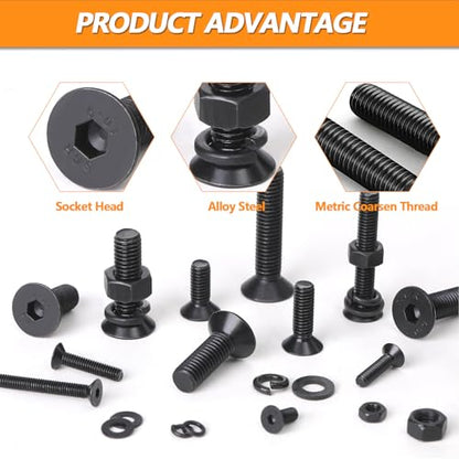 568 pcs M4/M6/M8 Hex Socket Flat Head Screw Bolts and Nuts Kit, 10.9 Grade Alloy Steel Metric Thread Hexagon Allen Machine Bolt, Black Screws Assortment Kit，A Black Hex Flat Head Cap Bolts - style: Flat Head Socket Cap - Kits