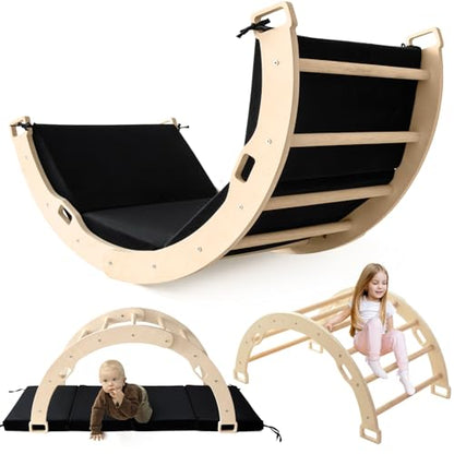 Kids Climber Arch Rocker with Cushion, Montessori Climber Climbing Toys | Arch Climber Wooden Indoor Playground with Cushion for Kids, Large Children Arch Climbing for Toddler Indoor Black