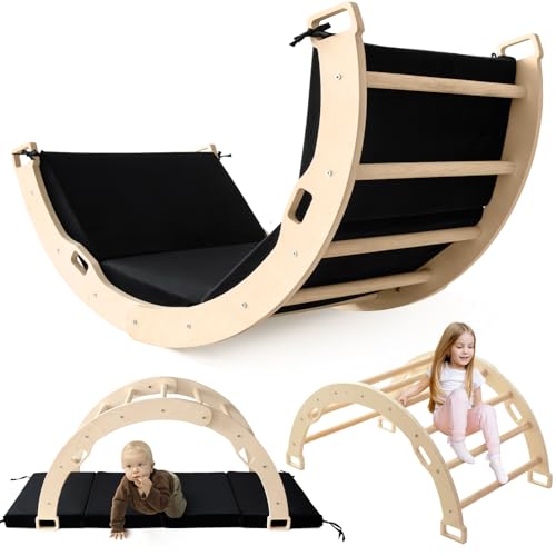 Kids Climber Arch Rocker with Cushion, Montessori Climber Climbing Toys | Arch Climber Wooden Indoor Playground with Cushion for Kids, Large Children Arch Climbing for Toddler Indoor Black