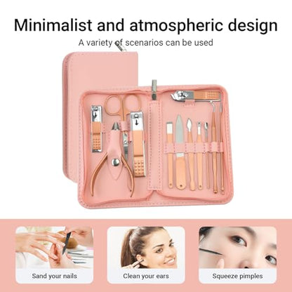 12 in 1 Travel Manicure Set, Mens Grooming kit Women Nail Manicure Kit, Manicure Pedicure Kit Manicure Set Professional Gift for Family Friends Elder - color: Pink