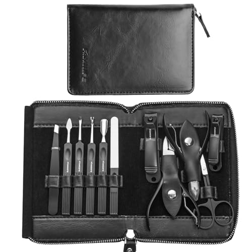 FAMILIFE Professional Manicure Set, Manicure Kit, Nail Clippers Set, 11 in 1 Stainless Steel Black Pedicure Tool, Nail Kit with Portable Leather Travel Case Luxury Gifts - color: Black-1