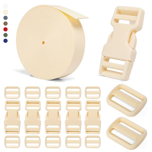 BEYOURD 1 inch Buckles and Strap Set: 10 yards Polyester Webbing Strapping, 6 pack Dual Adjustable Side Release Plastic Buckles, 12 PCS Tri-Glide Slider Clips for DIY Projects, Cream - color: Cream