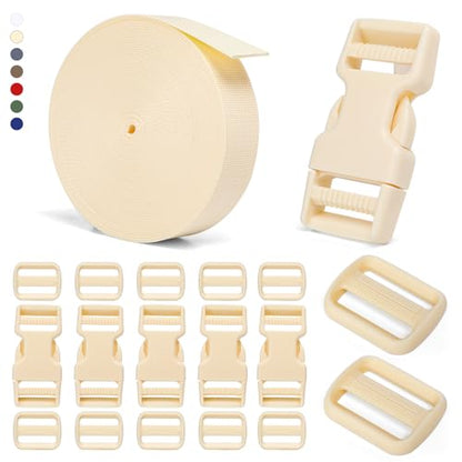 BEYOURD 1 inch Buckles and Strap Set: 10 yards Polyester Webbing Strapping, 6 pack Dual Adjustable Side Release Plastic Buckles, 12 PCS Tri-Glide Slider Clips for DIY Projects, Cream - color: Cream
