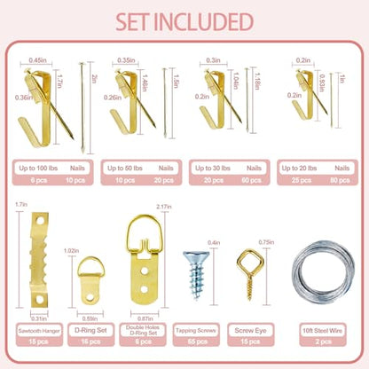 Picture Hanging Kit Tool, 352pcs Hanging Hardware with Heavy Duty Frame Hooks, Wire, Nails, D Rings, Photo Sawtooth Hangers, Wall Art Hanging Kit with Laser Level, Pink Claw Hammer