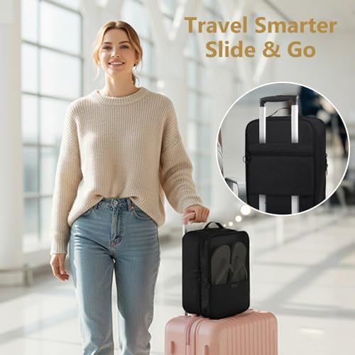 Black Shoe Bag for Travel, 2 Layers Waterproof Shoes Organizer | Holds 3 Pairs,Trolley Strap,Easy Clean Lining,Leak Proof,Dual Zippers - color: ClassicBlack