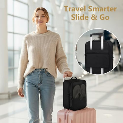 Black Shoe Bag for Travel, 2 Layers Waterproof Shoes Organizer | Holds 3 Pairs,Trolley Strap,Easy Clean Lining,Leak Proof,Dual Zippers - color: ClassicBlack