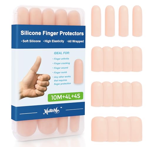 Gel Finger Cots Protectors, Silicone Fingers Covers Bandages Caps Sleeves for Fingertip Thumb Protection, Ideal for Trigger, Arthritis, Cracking, Blisters, Callus, Hangnail & Pain Relief (Nude, 10M+4L+4S) - color: Nude, size: M(10)+L(4)+S(4)