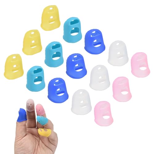PATIKIL 15 Pcs Silicone Finger Tips, 25mm Anti-Slip Textured Surface Reinforced Protectors Fingertip Covers Reusable Thimbles for Money Counting Guitar Sewing, 5 Colors - color: Yellow/Translucent/Pink/Light Blue/Dark Blue, size: 25mm
