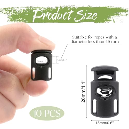BlingKingdom 10 PCS Plastic Cord Locks, Single Hole Elastic Cord Adjuster, Spring Toggle Stopper Fastener for Drawstrings, Paracord, Bags, Shoelaces, Clothing, Tent (Black)