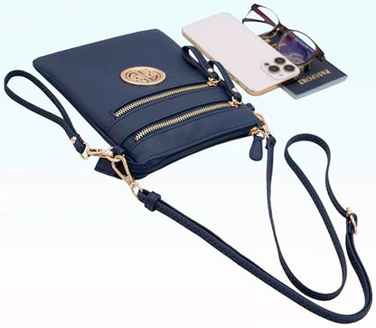 Solene Small Multi Zipper Pockets Crossbody Bag with Detachable Wristlet - color: Navy