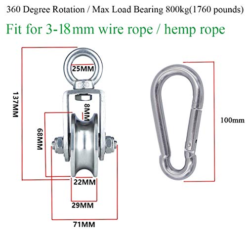 Cable Pulley + Carabiner Duplex Bearing 360 Degree Rotation Loading 1760lb/800Kg for Pulley System DIY Attachment Lifting Blocks,hoists,Ladder Lift,DIY Home Projects, Clothesline, Shop Lifts - size: 137mm+Carabiner