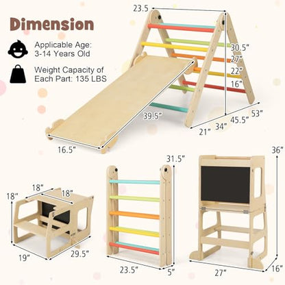 HONEY JOY 7 in 1 Climbing Toys for Toddlers, Convertible Kids Step Stool/Table & Chair/Chalkboard, Folding Triangle Climber w/Ramp, Montessori Kitchen Stool Tower for Learning w/Safety Rail (Colorful)