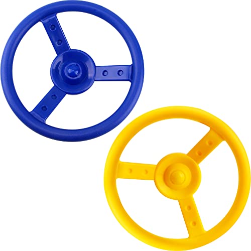 2 Pack Steering Wheel Playset Plastic Pirate Ships Wheel with Mounting Tools for Kids Playground Outdoor Gym (Blue, Yellow) - color: Blue, Yellow