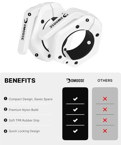 DMoose Fitness Barbell Clips 2 Inch (Pair) - Quick Release Olympic Barbell Clamps & Collars with Anti Slip TPR Grip for Secure Weightlifting and Powerlifting - Weight Clips for Bars at Home or Gym - color: White, style: Non Magnetic