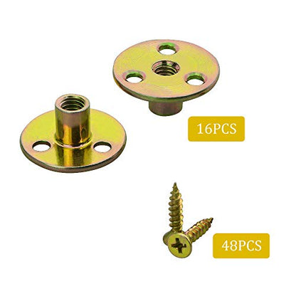 WMYCONGCONG 64PCS 3/8” Brad Hole Tee T-nut with Round Base Iron Plate Nut Screw Set Furniture Hardware Flange Insert Female Thread T-Nut with Mounting Screws Set (3/8" - 64Pcs) - size: 3/8" - 64Pcs
