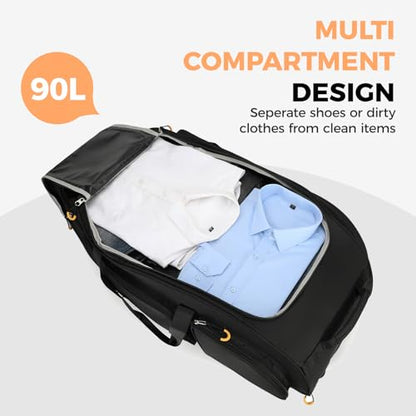 Searock 90L Rolling Duffle Bag with Wheels and Handle, 31” Large Duffle Bag for Travel, Carry On Luggage Duffel Bag with Shoe Compartment, Multi-Pocket, Water Resistant, Black - color: Black