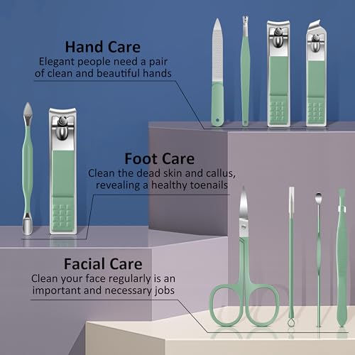 BLESWIN 10-Piece Nail Clipper Manicure Set, Professional Small Nail Care Kit , Nail Clipper Set for Women Men, Ladies Compact Manicure Tools in Case Green Leather Nail Care Gift Set. - color: 4-Green