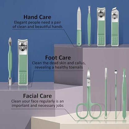 BLESWIN 10-Piece Nail Clipper Manicure Set, Professional Small Nail Care Kit , Nail Clipper Set for Women Men, Ladies Compact Manicure Tools in Case Green Leather Nail Care Gift Set. - color: 4-Green