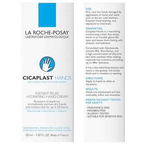 La Roche-Posay Cicaplast Hand Cream, Instant Relief Moisturizing Hand Lotion for Dry Hands, Shea Butter Lotion for Dry Cracked Hands, Non Greasy, Fragrance Free - size: 1.69 Fl Oz (Pack of 1)
