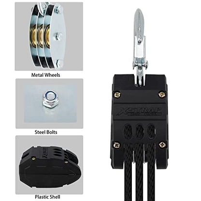 XSTRAP 5:1 Block&Tackle Pulley System Rope Hoist, 50 Ft, 2000 LBS Black | Heavy-Duty 2000 LBS Breaking Strength with 2PK Soft Loops, Pulley Hoist bearing metal wheels for Lifting Heavy Objects - color: Upgraded 50ft Black