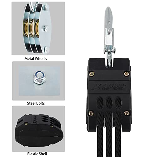 XSTRAP 5:1 Block&Tackle Pulley System Rope Hoist, 50 Ft, 2000 LBS Black | Heavy-Duty 2000 LBS Breaking Strength with 2PK Soft Loops, Pulley Hoist bearing metal wheels for Lifting Heavy Objects - color: Upgraded 50ft Black