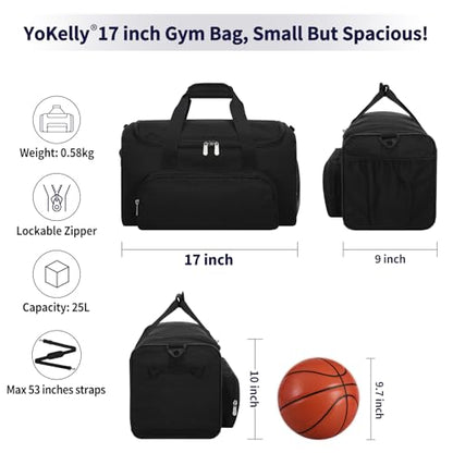 25L Small Gym Sport Duffle Bag - 17 Inch Weekender Overnight Bag for Travel, Workout, Fitness - Black - color: Black
