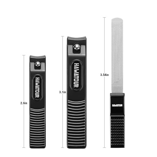 HAWATOUR Nail Clippers Set Zinc Alloy 420J2 Stainless Steel, Black | Ultra Sharp Curved Blade, Fingernail and Toenail Clipper, Visibly Tin Case, Cut-Out Design