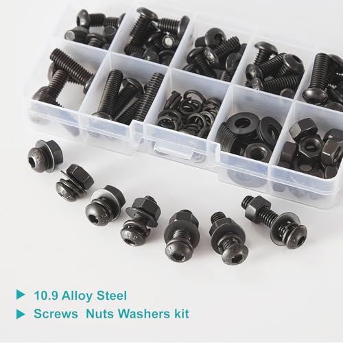 238 PCS M5 x 8mm 10mm 12mm 16mm 18mm 20mm 25mm, Button Head Socket Cap Screws Bolts Washers Nuts Assortment Kit, 10.9 Grade Alloy Steel, Black Oxide Finish, Metric Allen Hex Drive - size: Button M5x8/10/12/16/18/20/25 mm