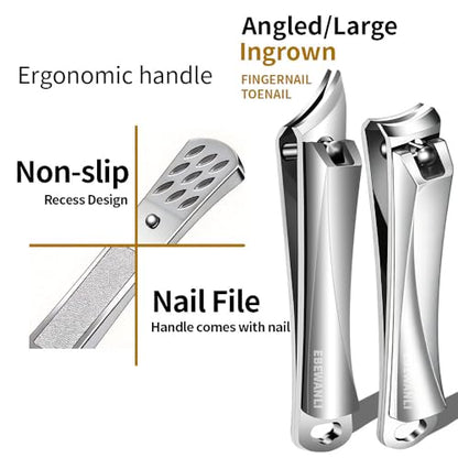 EBEWANLI Nail Clipper Set, Slanted Angled Ingrown Toenail Clipper and Curved Nail Clipper Cutters, 2Pcs Stainless Steel Finger Nail Clippers Adult - color: Silver-set