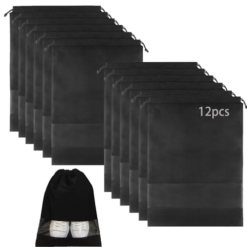 YMCCOOL 12pcs Non-woven Shoe Bags for Travel 12.6" X 17.3" Portable Shoe Bags with Clear Window, Large Drawstring Dustproof Travel Shoe Storage Bag for Men & Women, Black,XL Size - color: Black, size: 12.6 x 17.3 inch