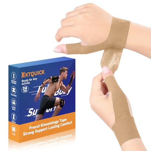 KTQUICK Precut Kinesiology Tape for Thumb Right, 24 PCS, 20% Stronger,Beige | Waterproof & Hypoallergenic Latex-Free Finger Tape for Thumb Support, Wrist & Thumb Brace, Elastic Breathable Long-Lasting - color: Beige, size: 24PCS RIGHT