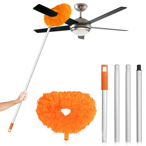 FONUNO Ceiling Fan Cleaner Duster High Ceiling Extended Fan Blade Cleaner | Reusable Microfiber Ceiling Fan Duster with Extension Handle from 13 to 50 Inch for Furniture Bookshelves Wall Door, Orange - color: Orange
