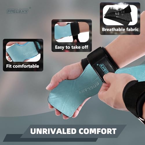 Frelaxy Lifting Wrist Straps for Women and Men, Weight Lifting Grips | Double-layer leather, Cushioned wrist support, Durable construction, Storage pouch, Deadlifts, rows, lat pulldowns - color: Lake Blue