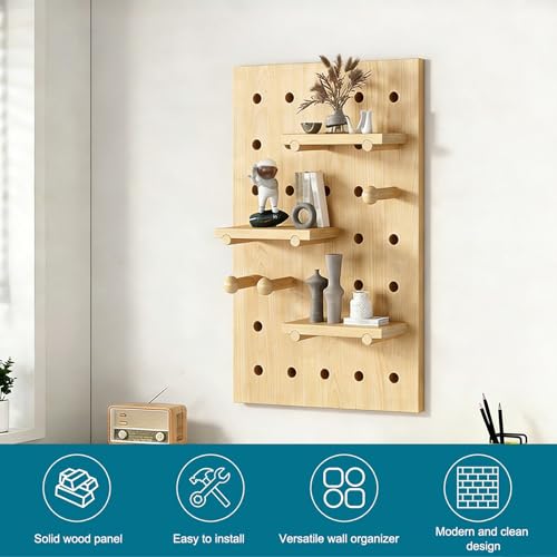 HJZALMI Pegboard Wall Organizer, Wood Pegboard Combination Kit with Shelves & Hooks, Modular Peg Board Panels Storage System for Office Organization Kitchen Bedroom, 15.7"x23.6"x0.6", Beige | Pegboard Combination Kit with Shelves & Hooks, Modular PegBoard